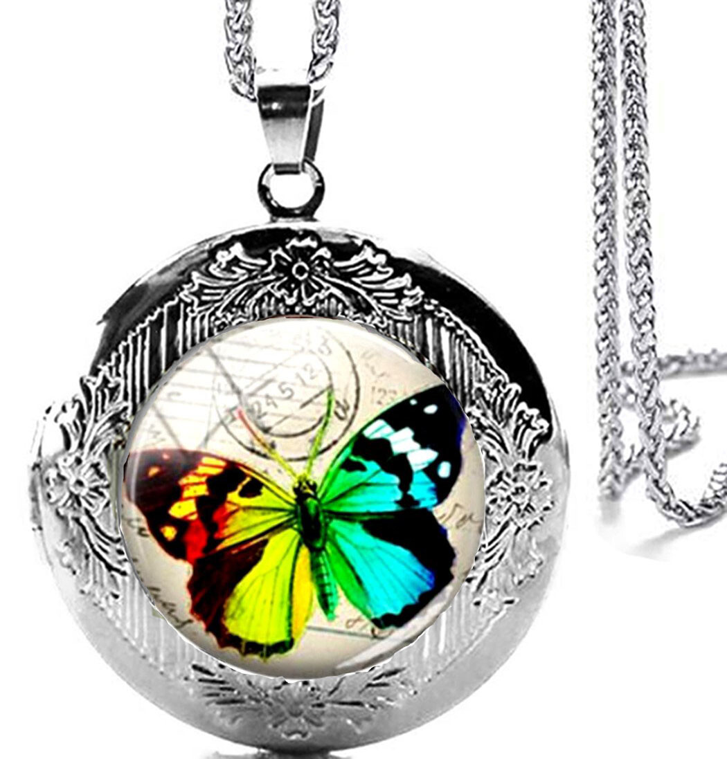 Silver Tone Butterfly Locket Pendant Necklace 24″ Stainles Steel Chain