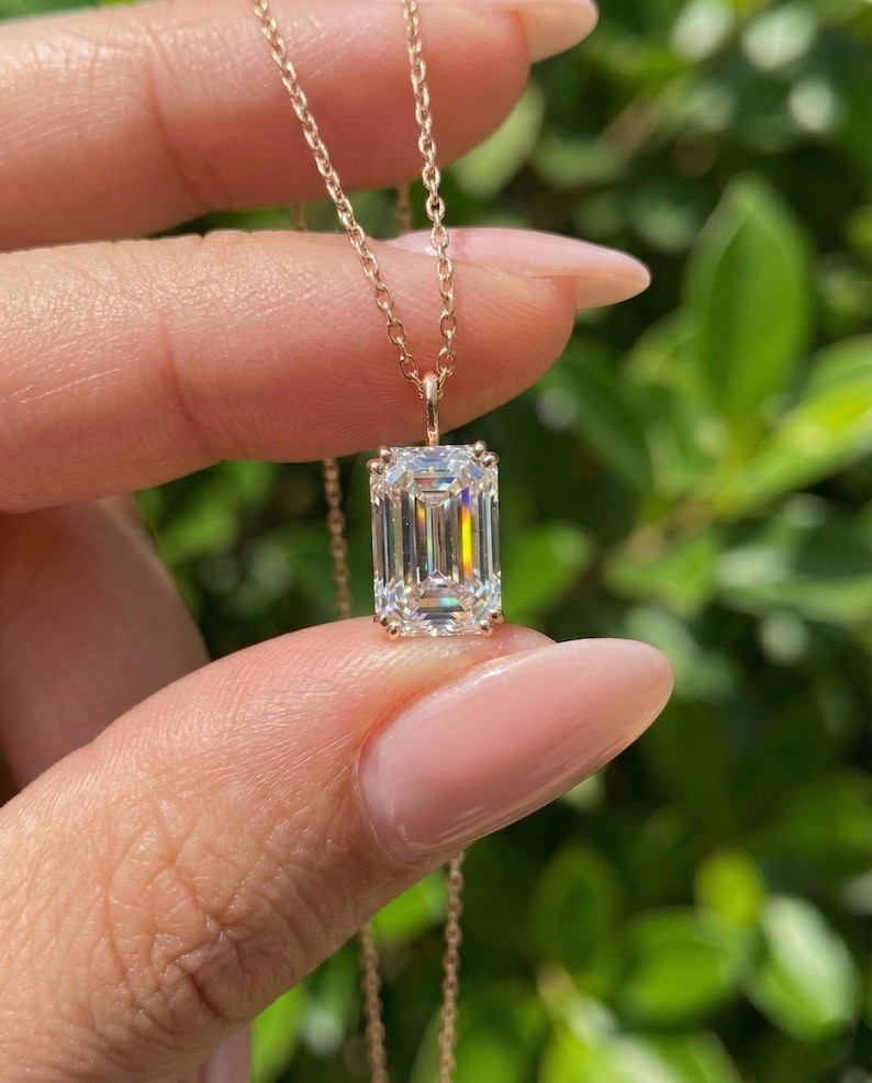 Solitaire Emerald Cut Moissanite Double Prong 10k Solid Gold Pendant For Her