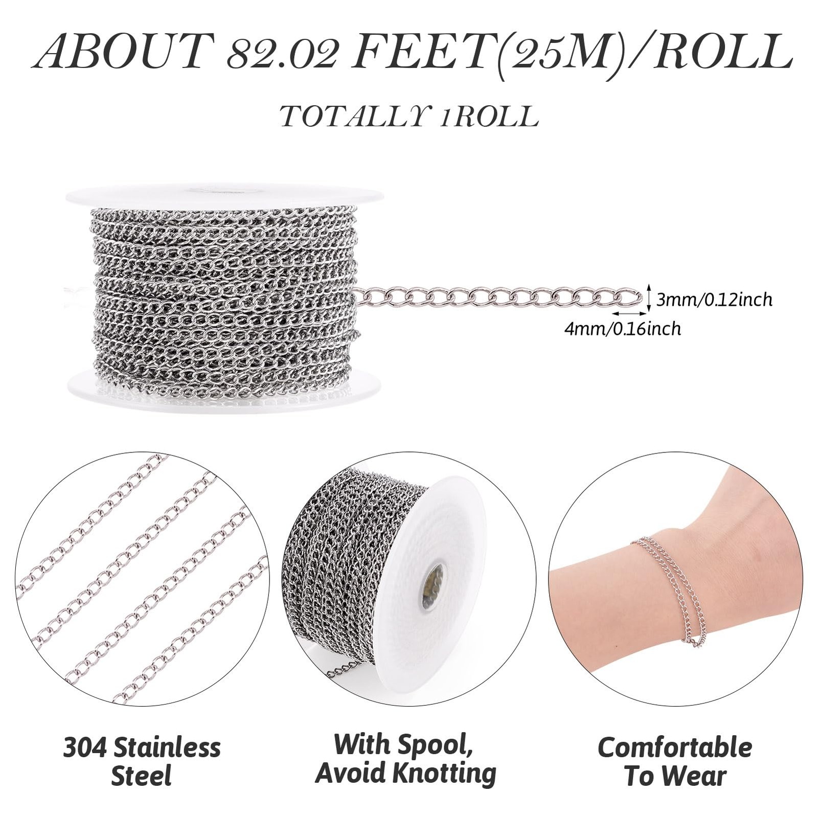 82ft 25M Soldered 304 Stainless Steel Curb Chain 4x3x0.6mm Jewelry Making