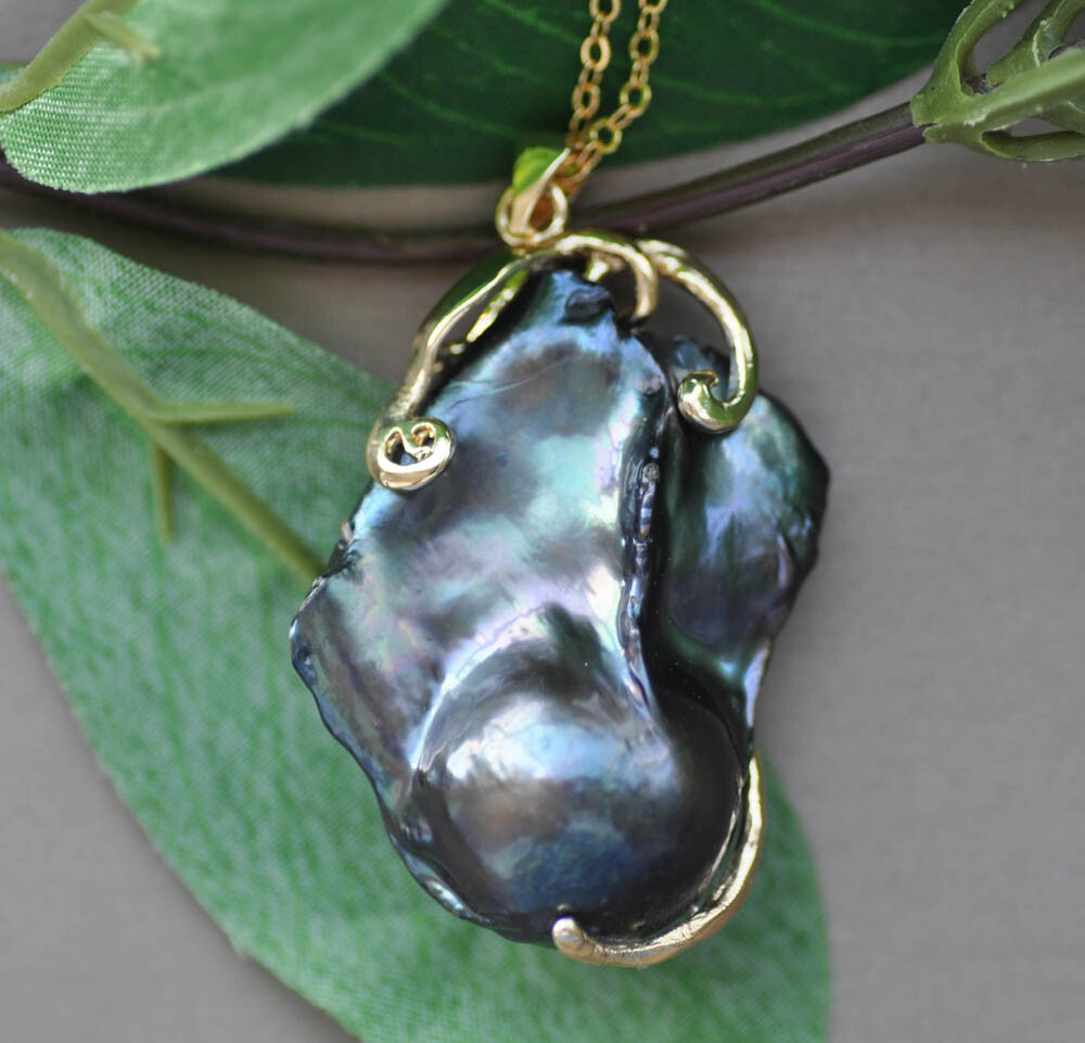 Handmade Big 42mm Black Baroque Keshi Reborn Pearl Pendant