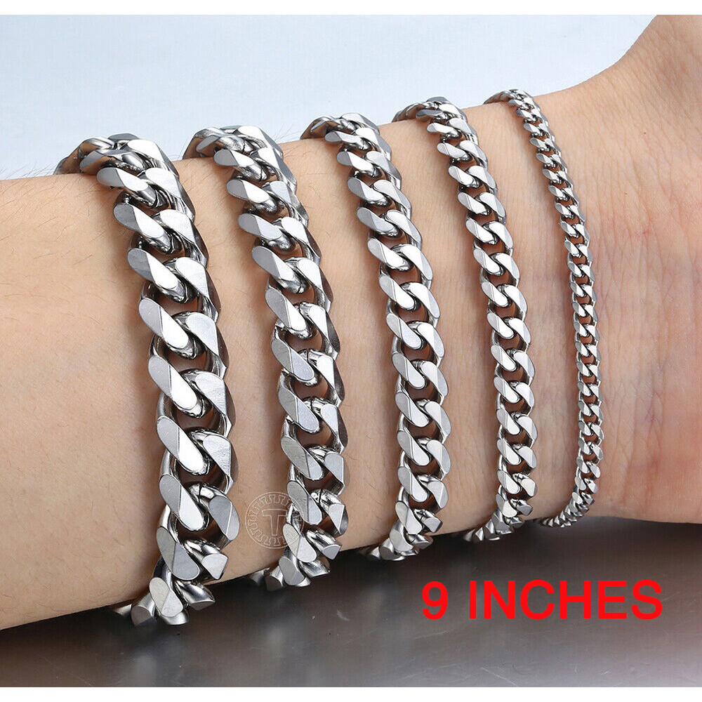 3-11mm 9″ Silver 316L Stainless Steel Curb Cuban Chain Bracelet for 8-8.5″ Wrist