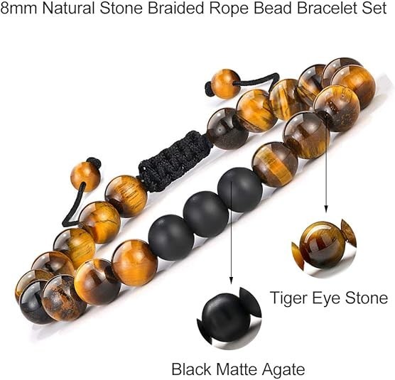 2Pcs Adjustable 8mm Tiger Eye Matte Agate Natural Stone Beaded Bracelet Men Gift