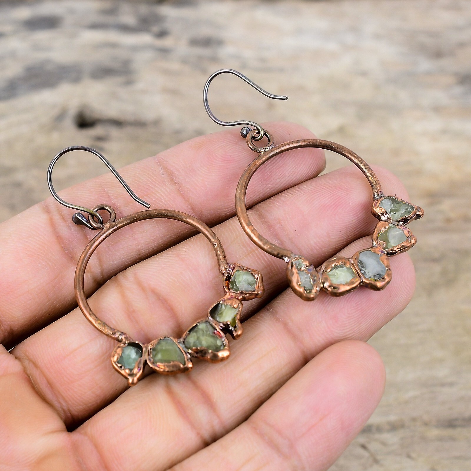 Green Tourmaline Rough Electroformed Earrings Handcrafted Copper Holiday 2.17″