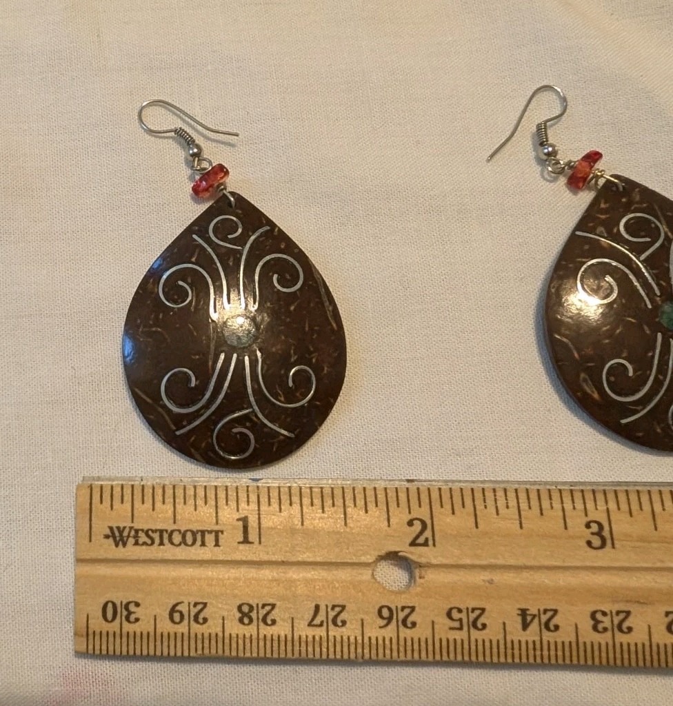 Set of Two Pairs Coconut Shell Earrings Stone and Metal Inlay Handmade