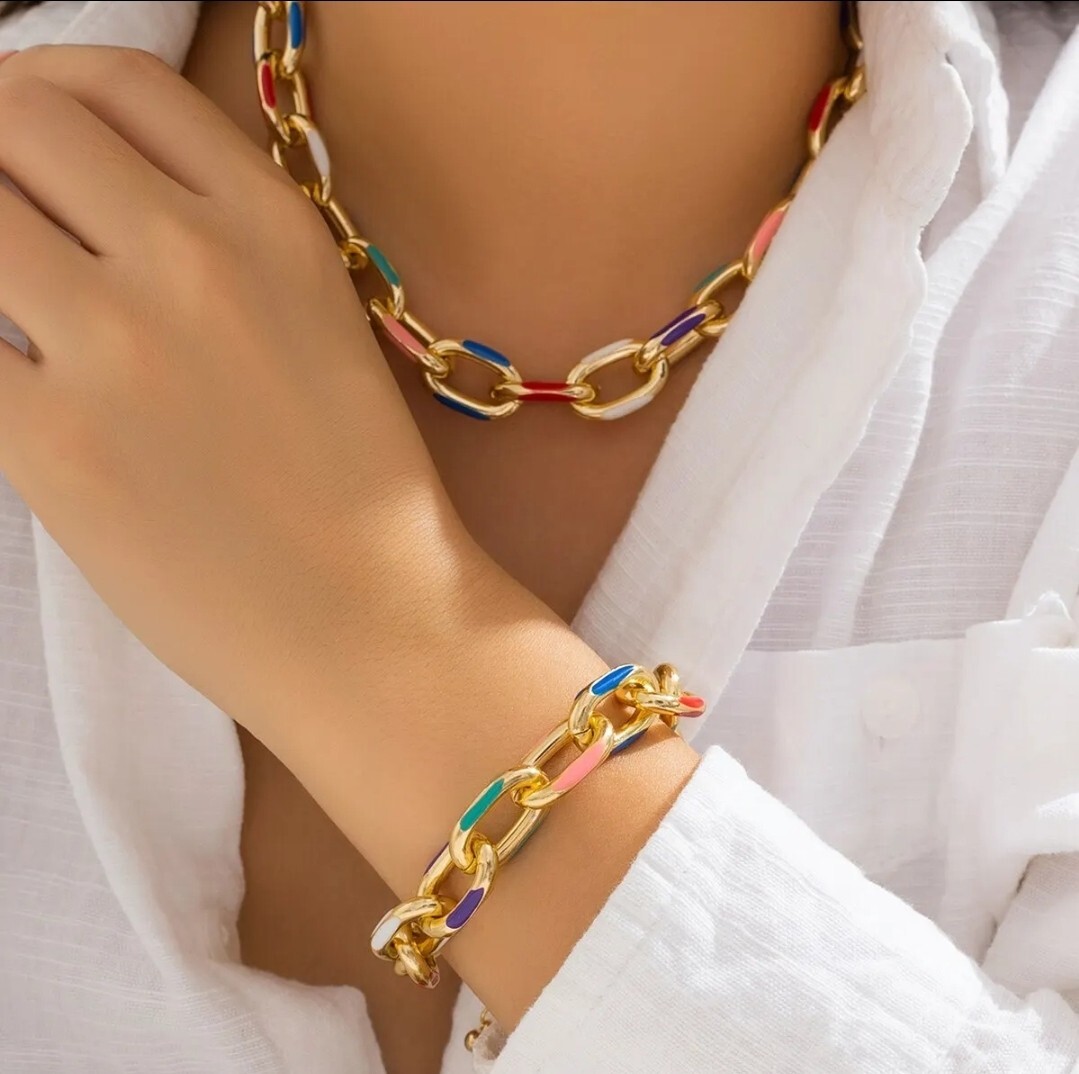 Chunky Statement Jewelry Set Gold Multi Color Necklace & Bracelet 13-8