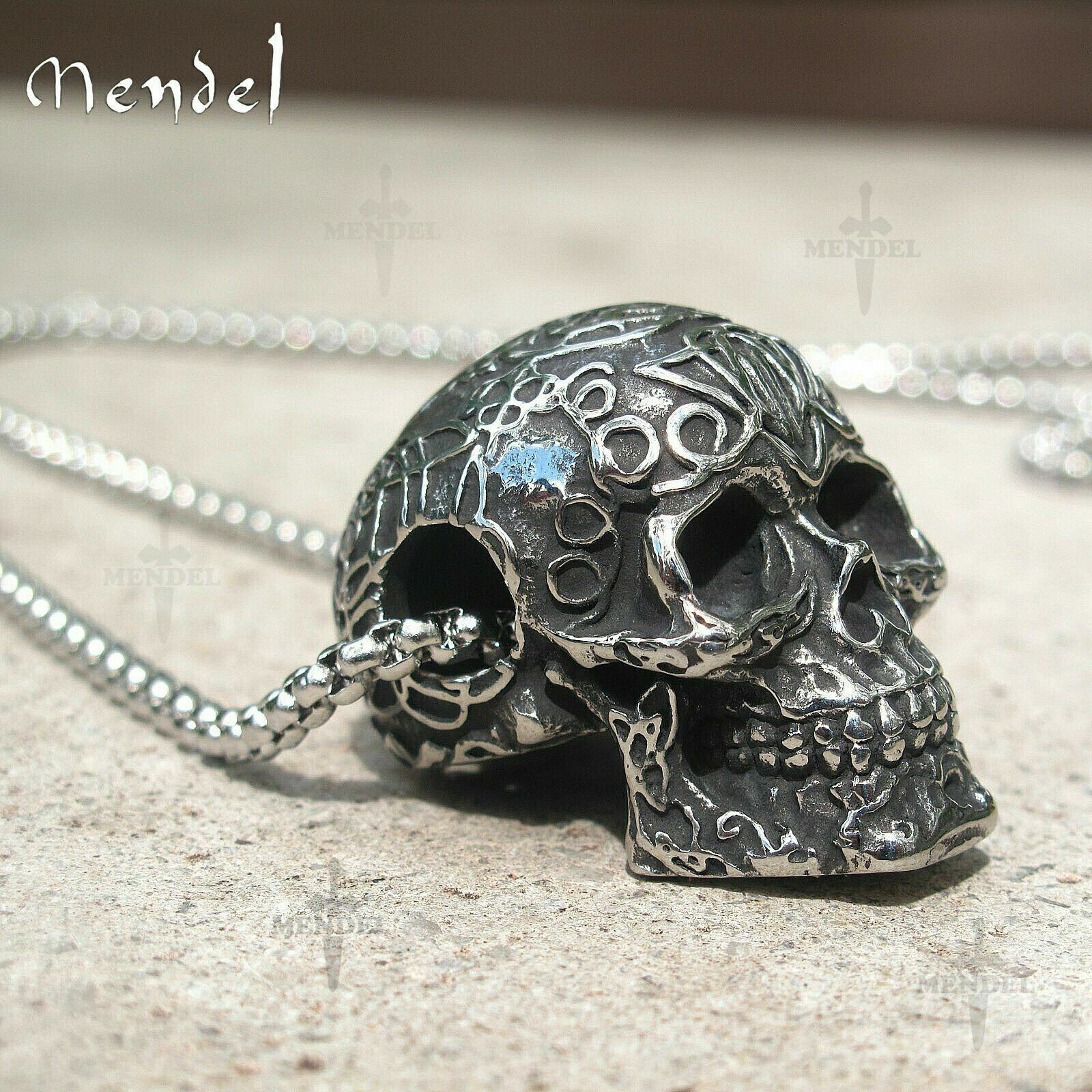 MENDEL Gothic Mens Biker Skull Pendant Necklace Men Stainless Steel Chain Silver