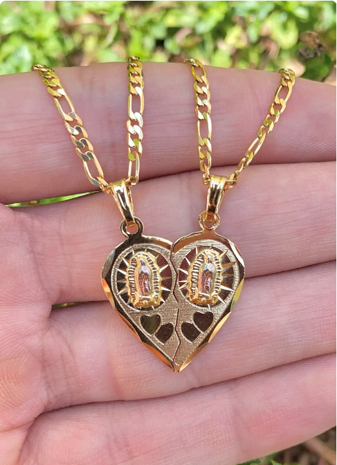 Virgen de Guadalupe Broken Heart Necklace Figaro Chain 20″ Unisex Cadena Corazon