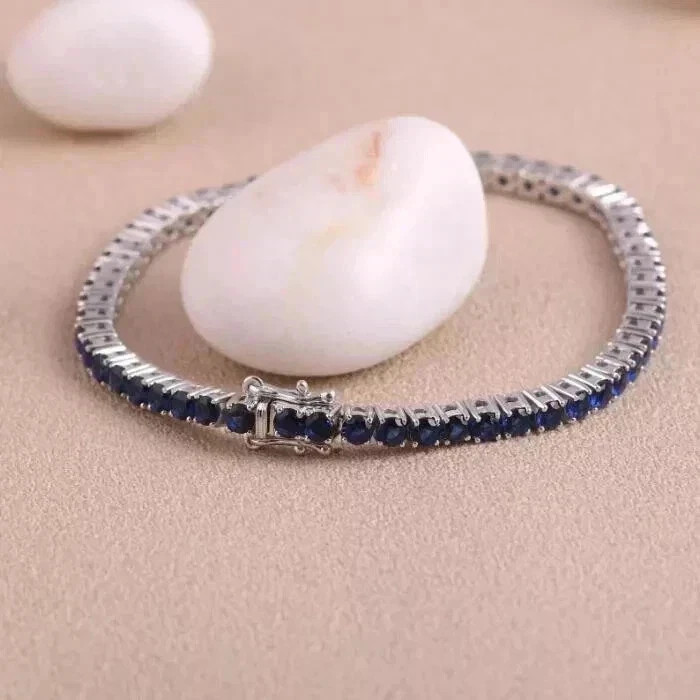 9Ct Round Simulated Sapphire Engagement Tennis Bracelet 14K White Gold Plated