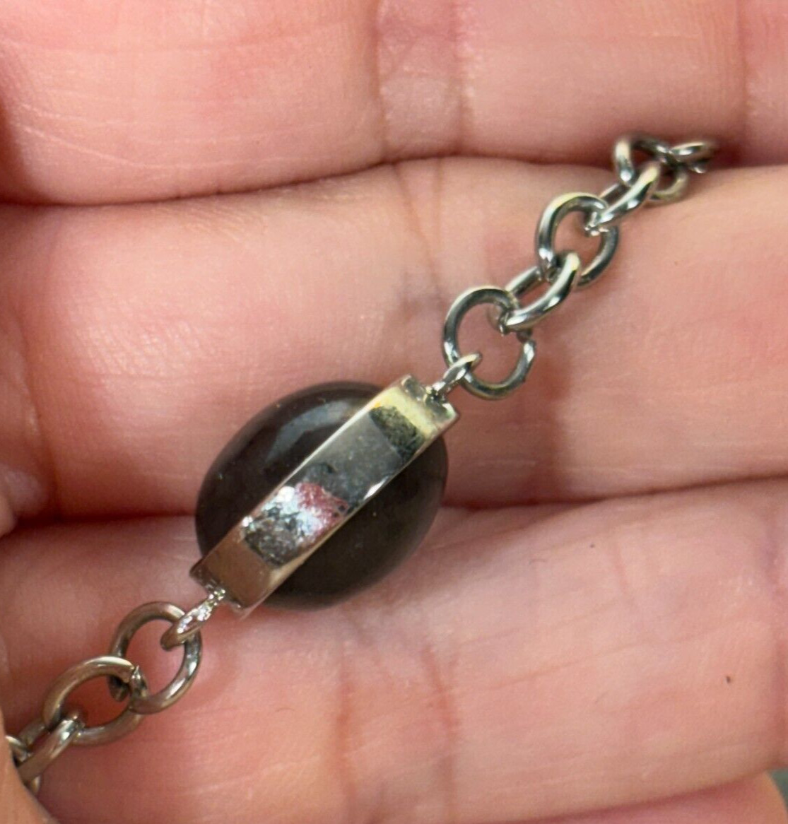Single Strand Silvertone Station Necklace Double Sided Glass Cabochons, 36″