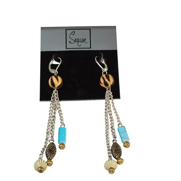 Sequin Women’s Trendy Silver Plated Brown, Beige, Blue Dangle Earrings NWT