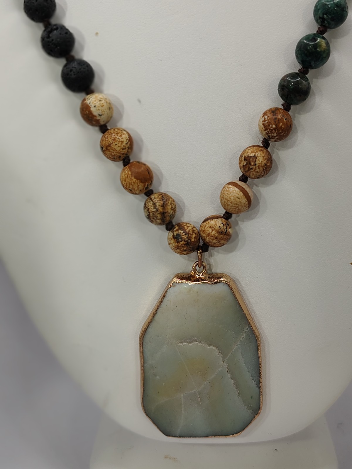 N606 Amazonite Pendant Lava Rock Jasper Beaded Necklace Boho Statement Long