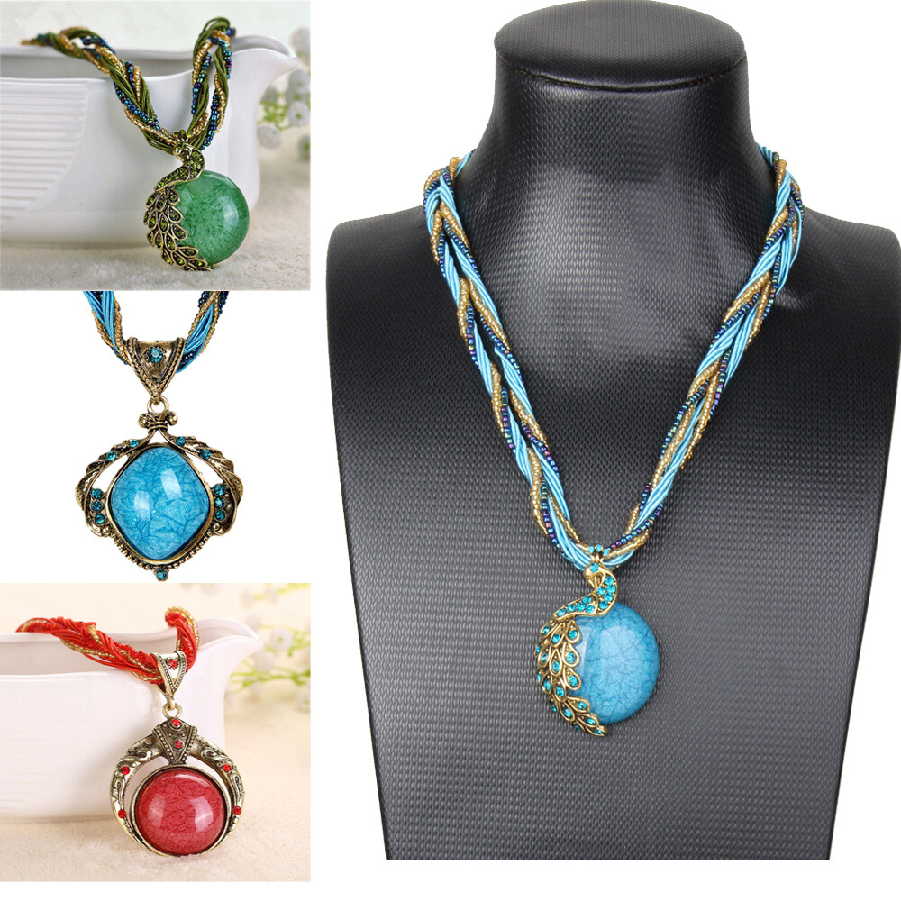 Women Lady Retro Bohemian Turquoise Rhinestone Pendant Collar Chain Necklace US