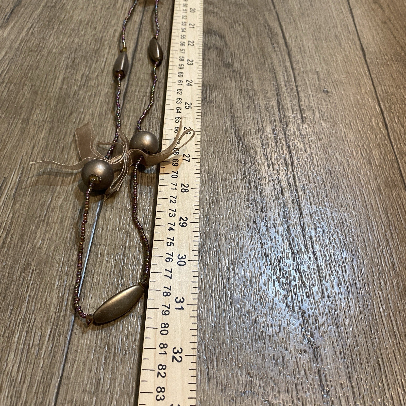 Bead Ribbon Long Strand Iridescent Brown Boho Necklace 62 in Elegant Fall/winter