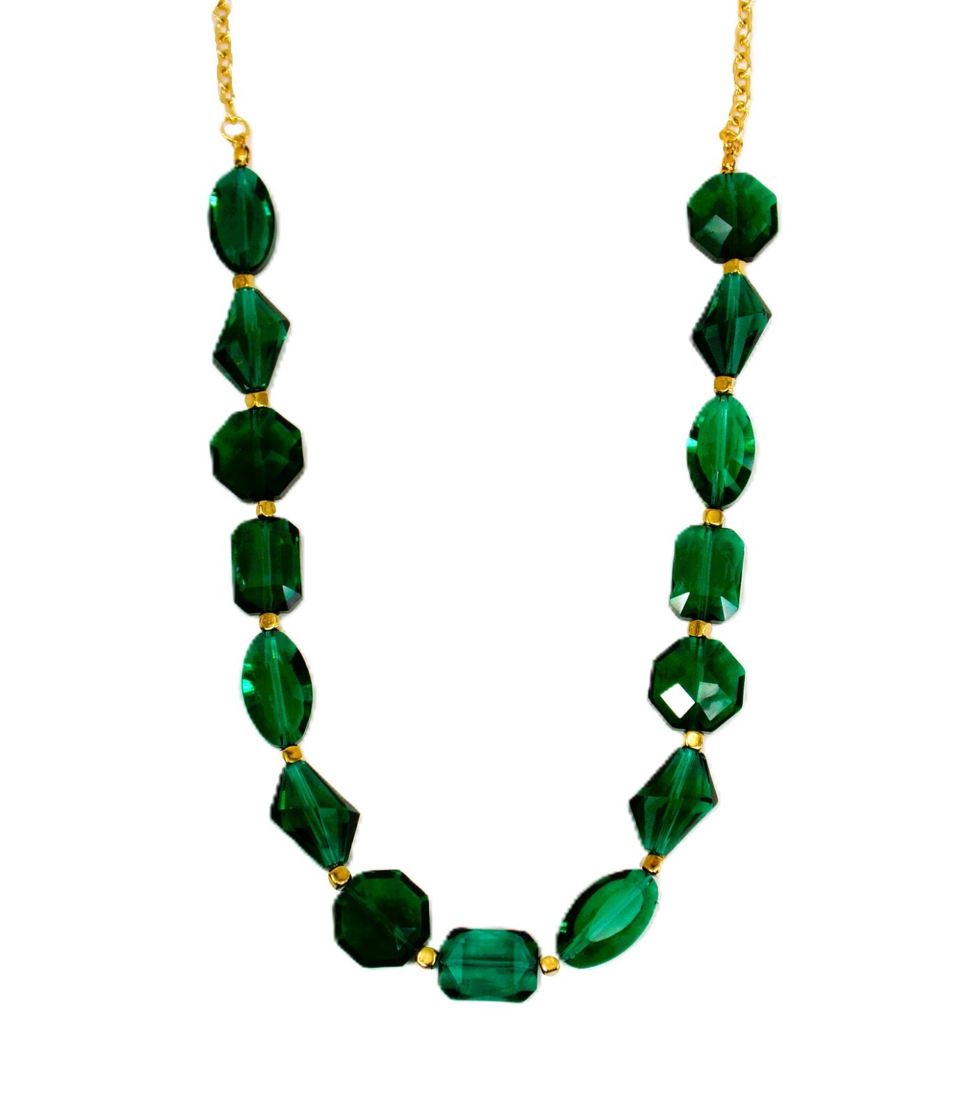 Green glass bead necklace with mixed glass beads shapes and small gold beads New