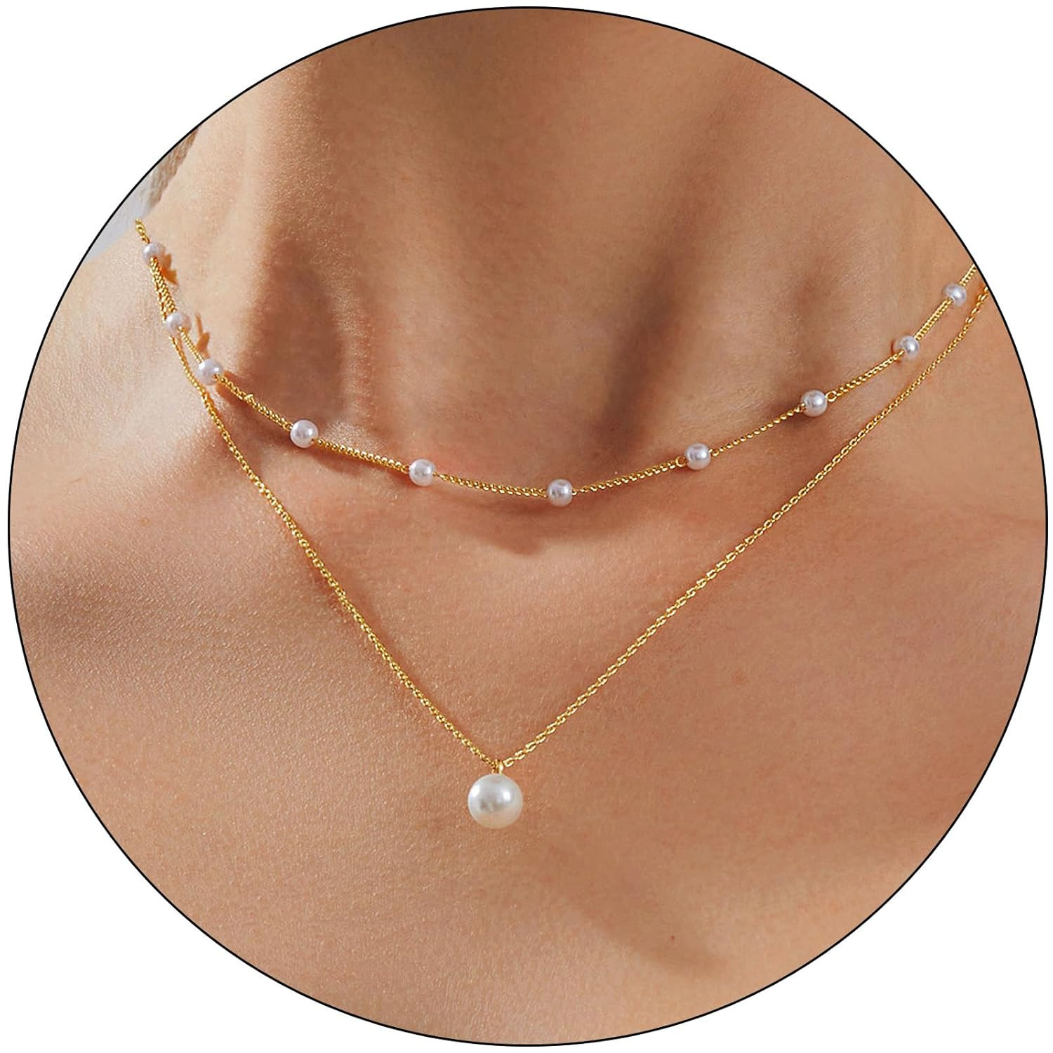 Pearl Necklace for Women Layered Trendy 14K Gold Plated Dainty Pearl Pendant Cho