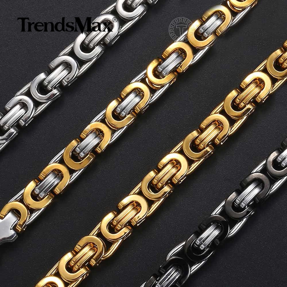 7mm 18-30″ Mens Chain Flat Byzantine Black/Silver/Gold Stainless Steel Necklace