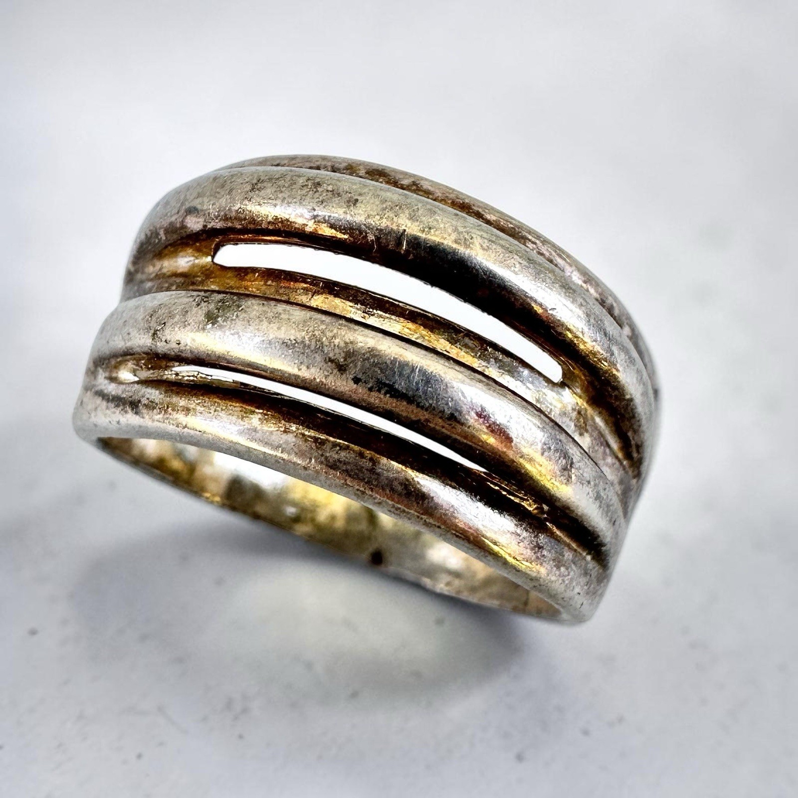 Modernist Silver Band Ring Sculptural Stacked Wide Sz 10.5 Unisex Men’s Vintage