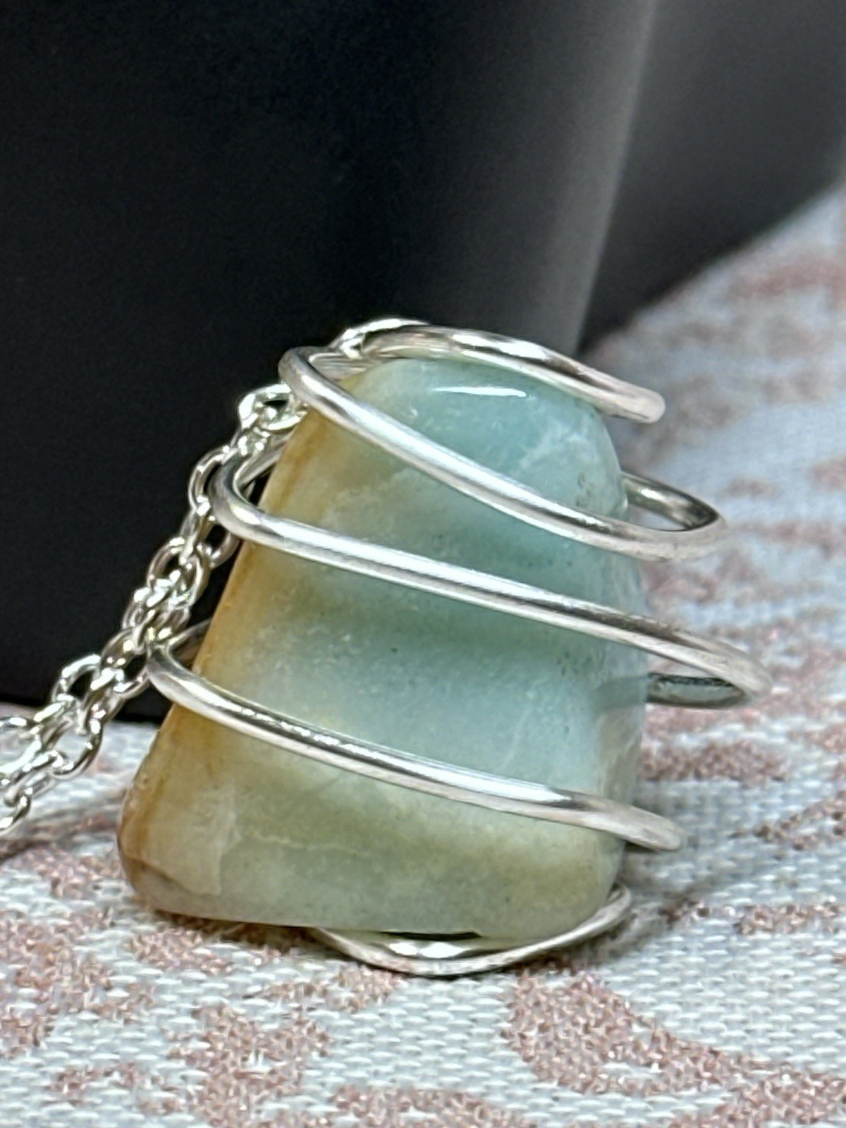 handmade Wire Wrapped Freeform Aqua Beige Stone Charm Pendant Silver Cable Chain