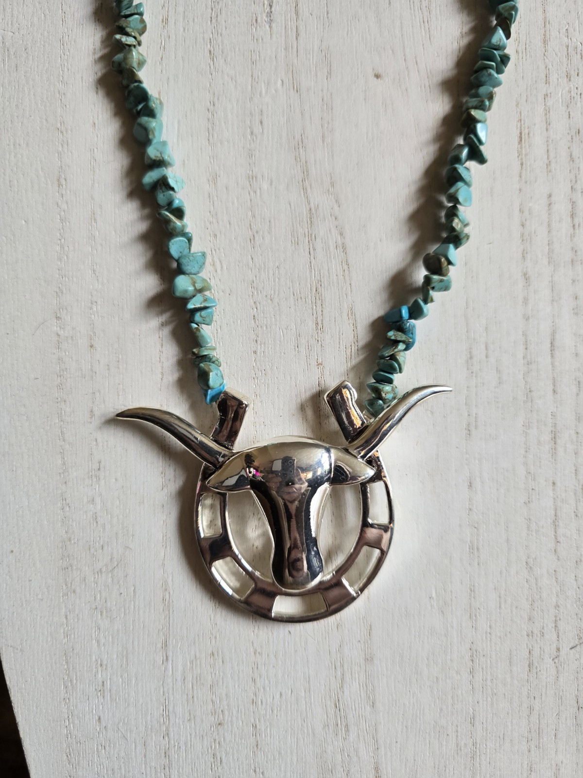 CHIP TURQUOISE NECKLACE Southwestern, STEER PENDANT 24″ Matching Earrings
