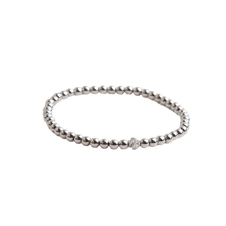 New Burch Silver Beaded Stretch Elastic Bracelet Double T Logo with Jewelry Pouc