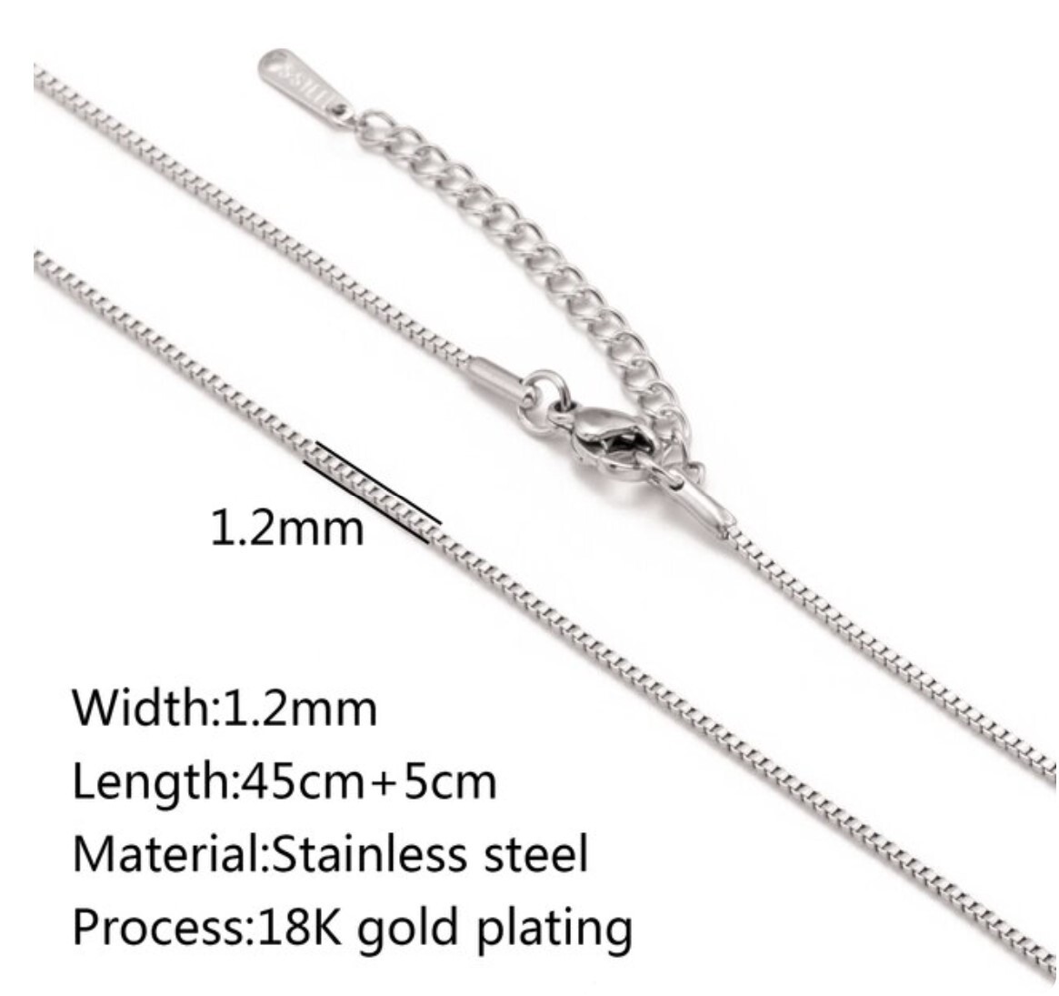 Stainless Steel 45cm (17.7 )inch 1.2 mm Box Chain with 2 inch exten