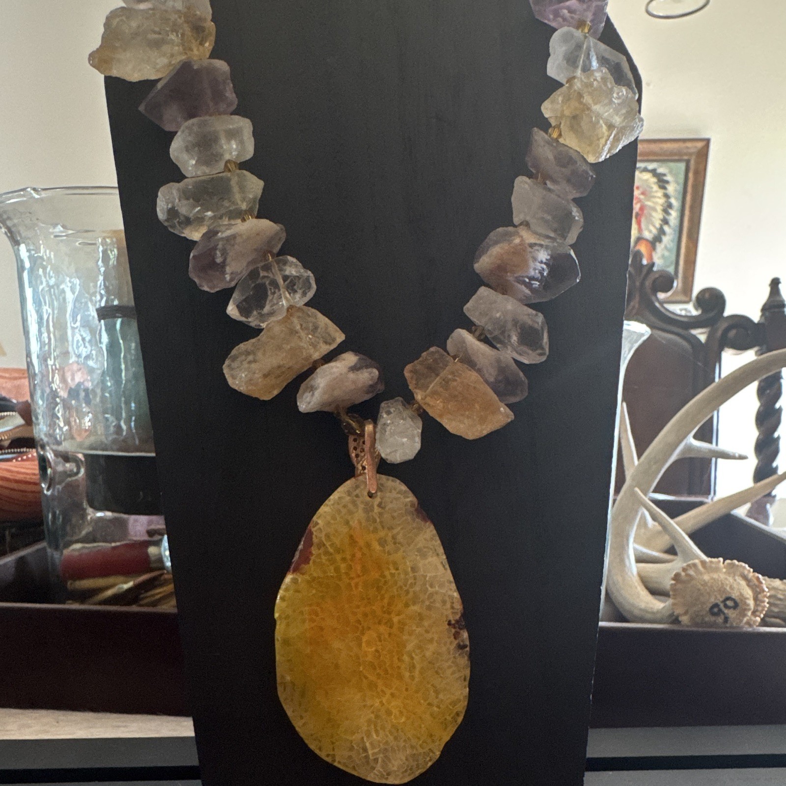 Amethyst Quartz Beaded Necklace with Oval Yellow Quartz Pendant Charm