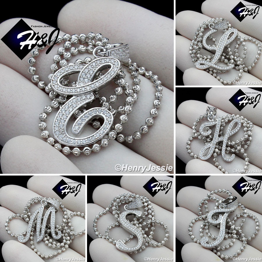 18″-30″MEN 925 STERLING SILVER 2MM MOON CUT BEADED CHAIN CZ LETTER PENDANT*SP175