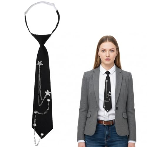 Ouligay Black Tie for Women Men Punk Neck Tie with Metal Chain Pre-Tied