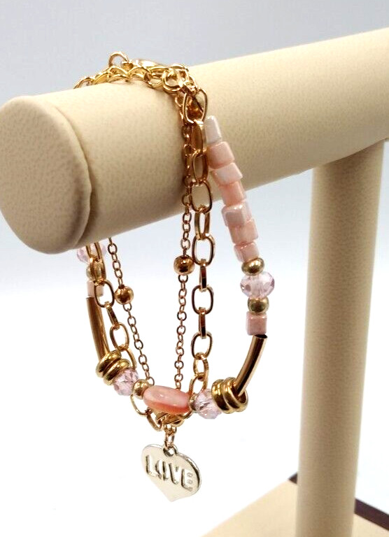 Gold Tone 3 Chains Heart Salmon-Pink Quartz Stone Faceted Beads Bracelet 7″