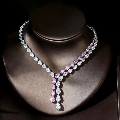 18K White Gold Filled Lab-Created Pink Sapphire Necklace Earring Set Bridal Gift