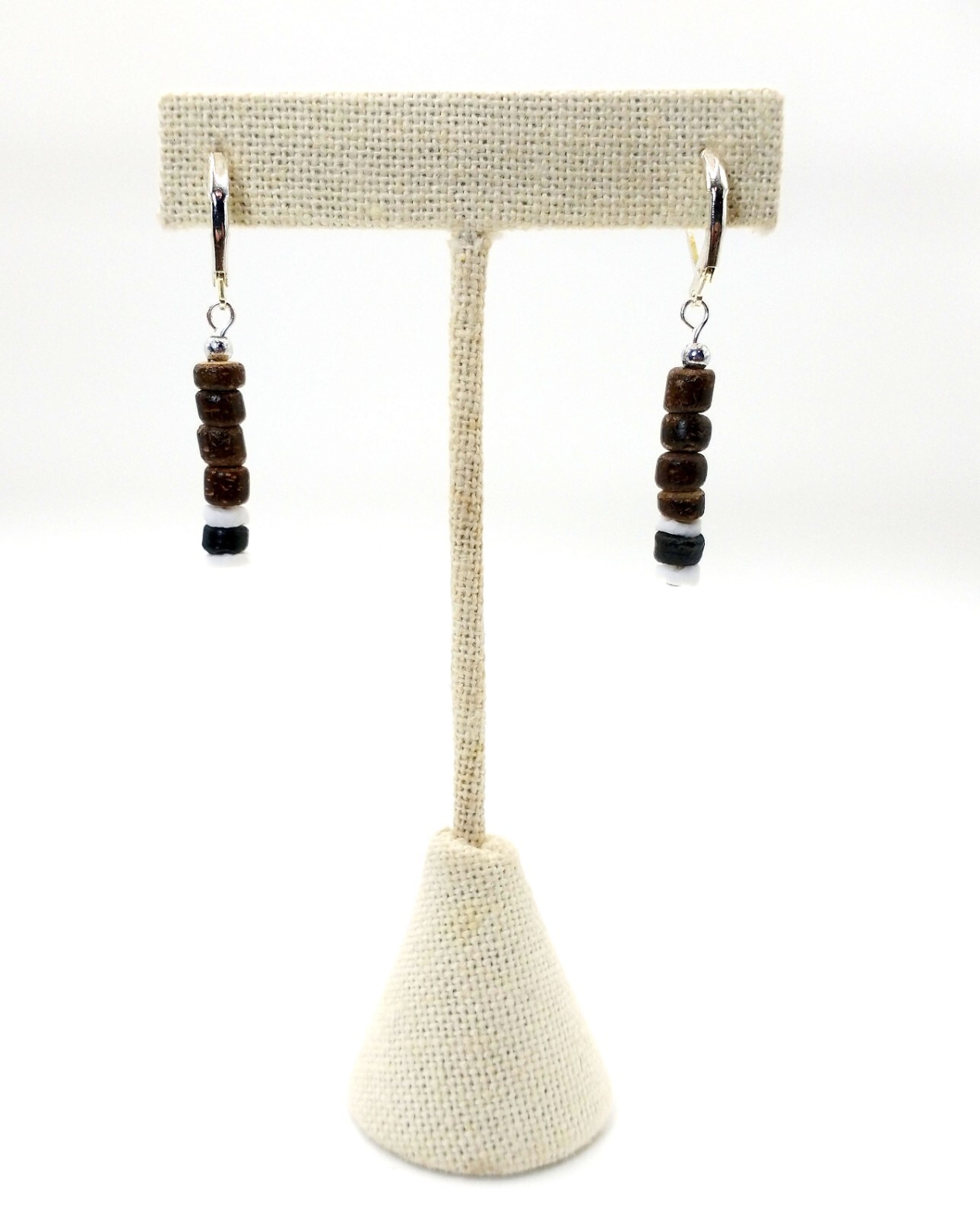 Black or Brown Coconut and Clamshell Dangle Silver Lever Back Earrings
