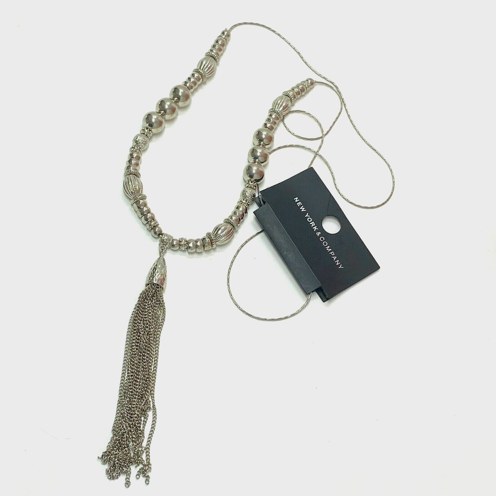 New York & Company Long Necklace Silver Tone Plastic and Metal Beads w/ Tassel