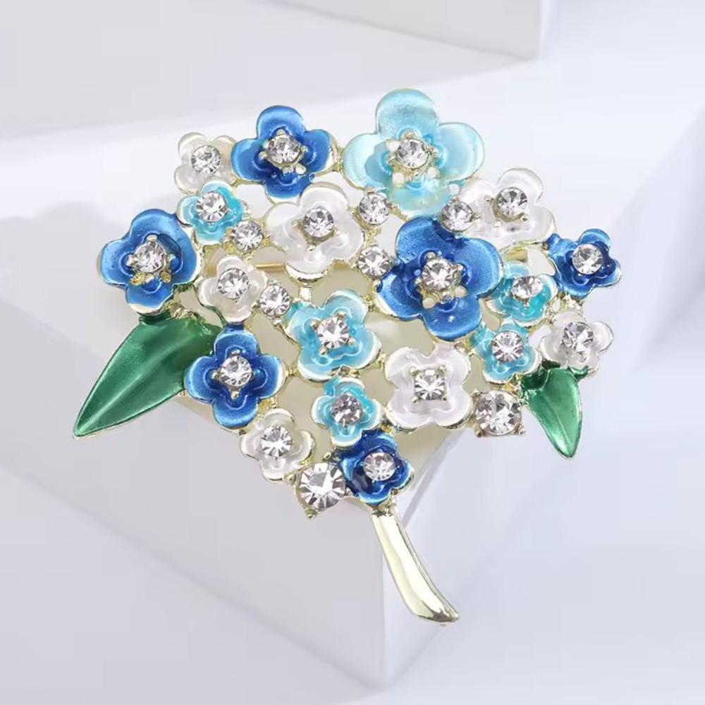 Enamel Hydrangea Flower Bouquet Brooch Crystal Floral Pin Gold Statement Jewelry