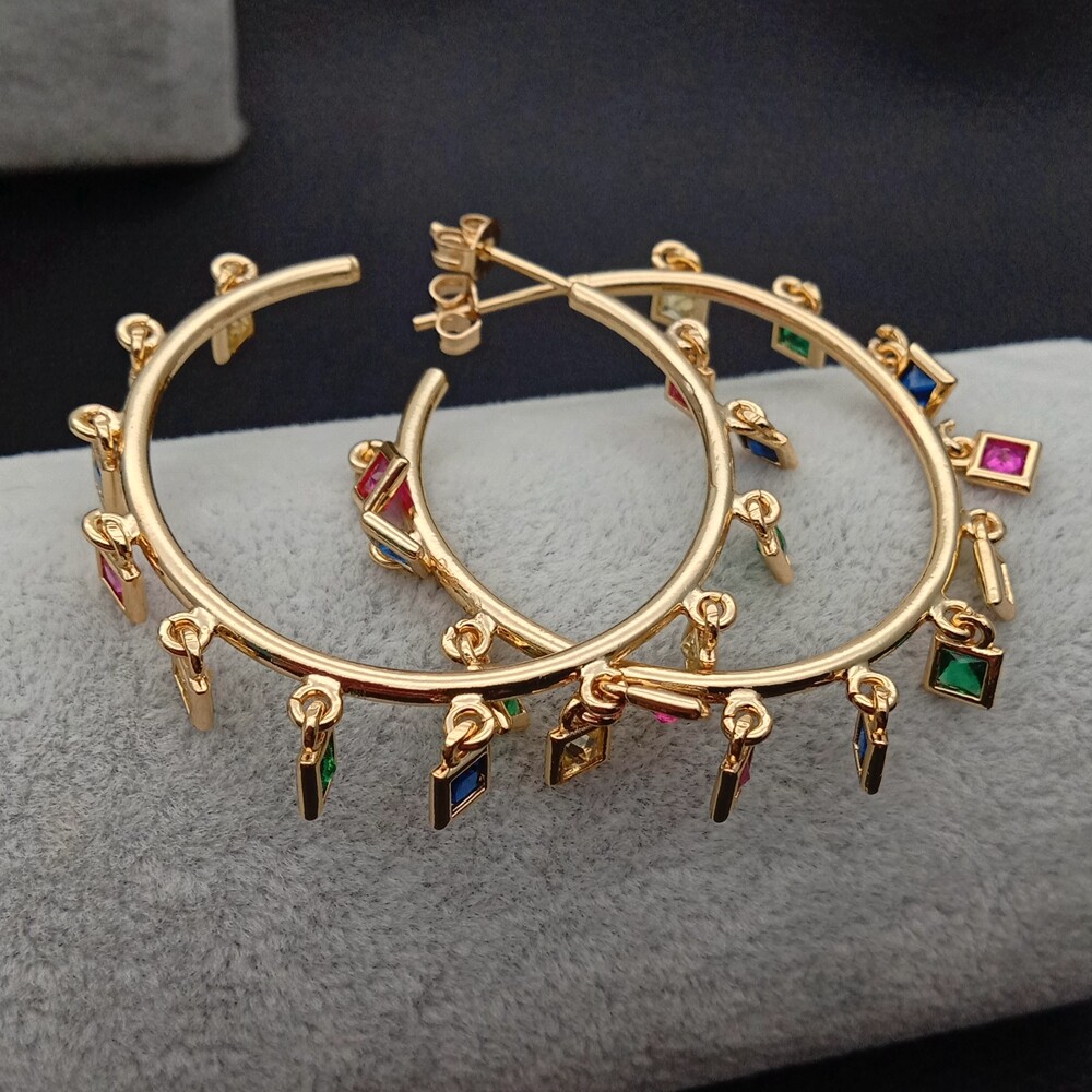 Circle Hoop earrings 40mmgold filled with rainbow cz charm Bohemia Bohe earring