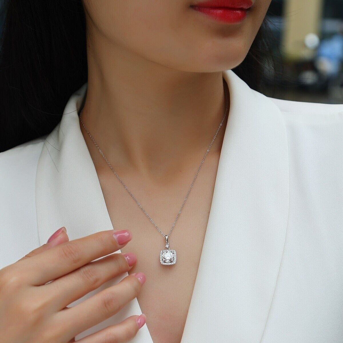 Sparkling Round Cut Simulated Diamond Halo Charm Pendant 14K White Gold Plated