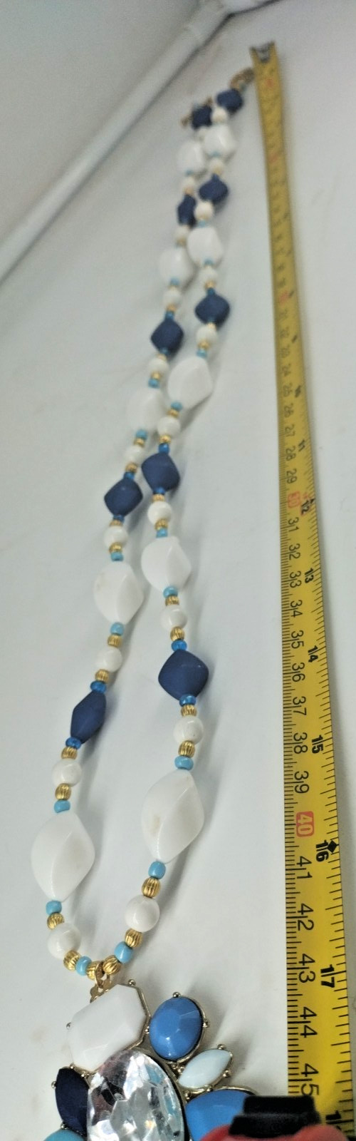 Costume Jewelry Blue Gold & White Beaded Bejeweled Pendent Necklace & Earrings