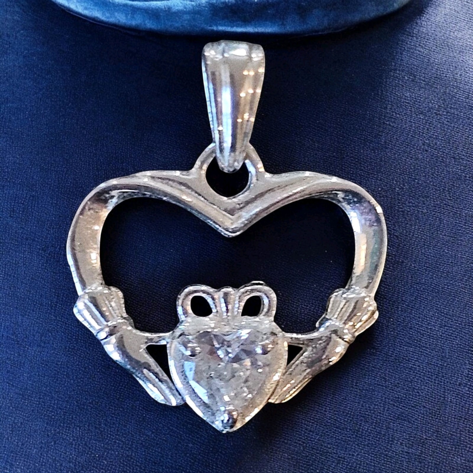 925 Sterling Silver RJ Graziano Heart Irish Claddagh Crystal Pendant Crown Hands
