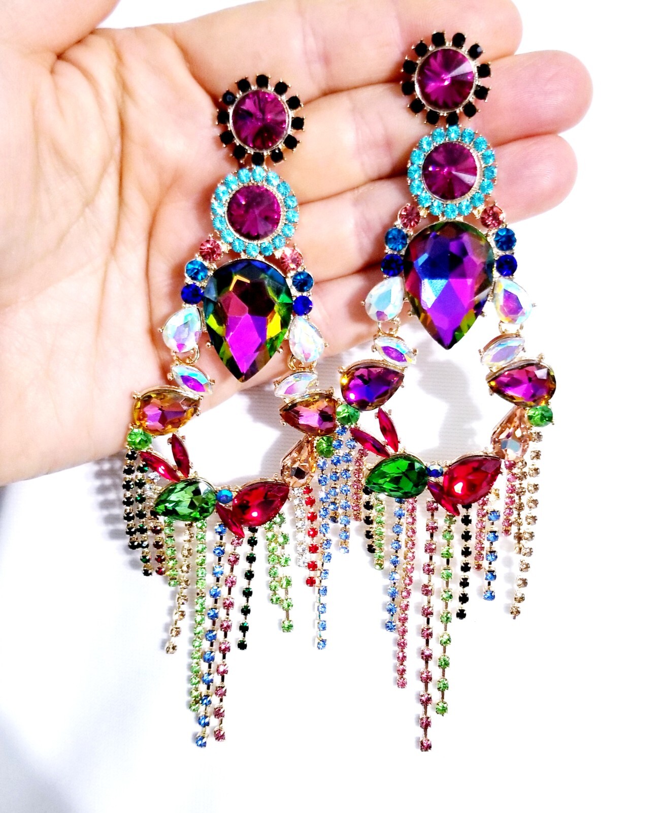 Chandelier Rhinestone Crystal Pageant Bridal Earrings Colorful Drop Dangle 6 In