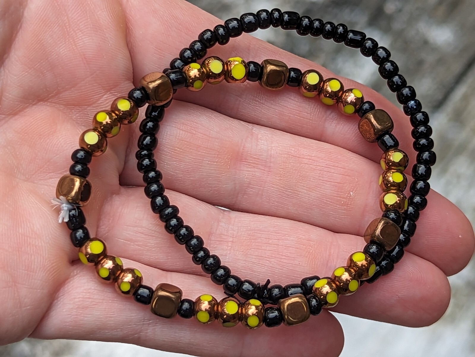Copper / Black / Yellow Glass Beaded Stretch Artisan Bracelet 7.25″ (18cm) Set