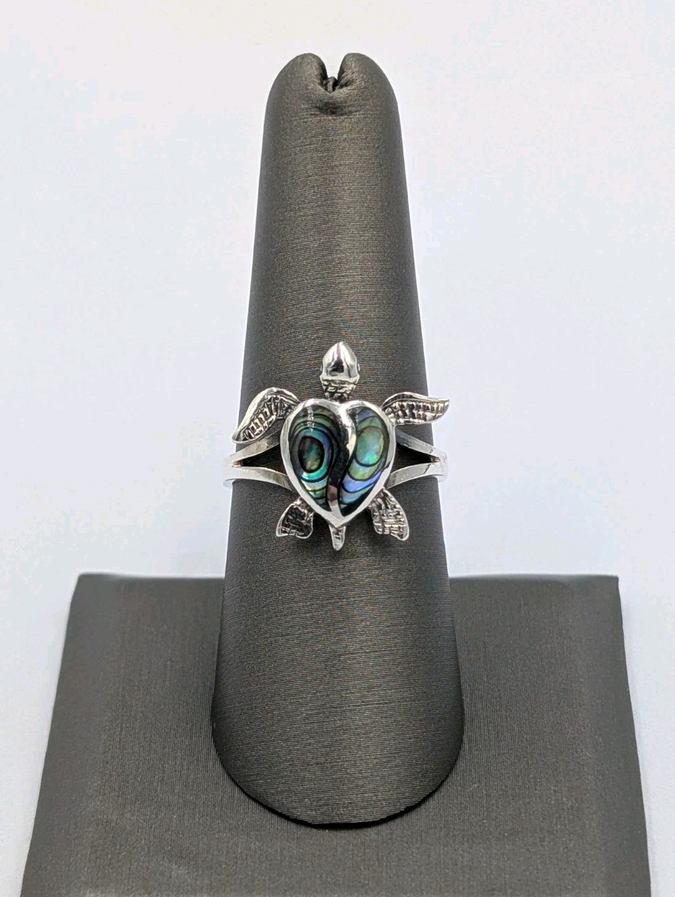 925 Sterling Silver Sea Turtle Split Heart Inlaid Abalone Shell Ring – Sz 7.75