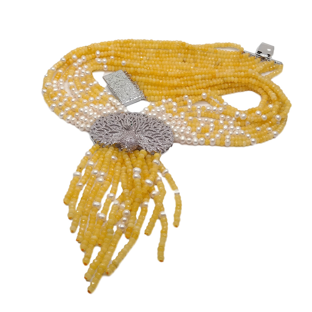 9 Strands Yellow Jade White Pearl Necklace CZ Pave Peacock Pendant19.5″