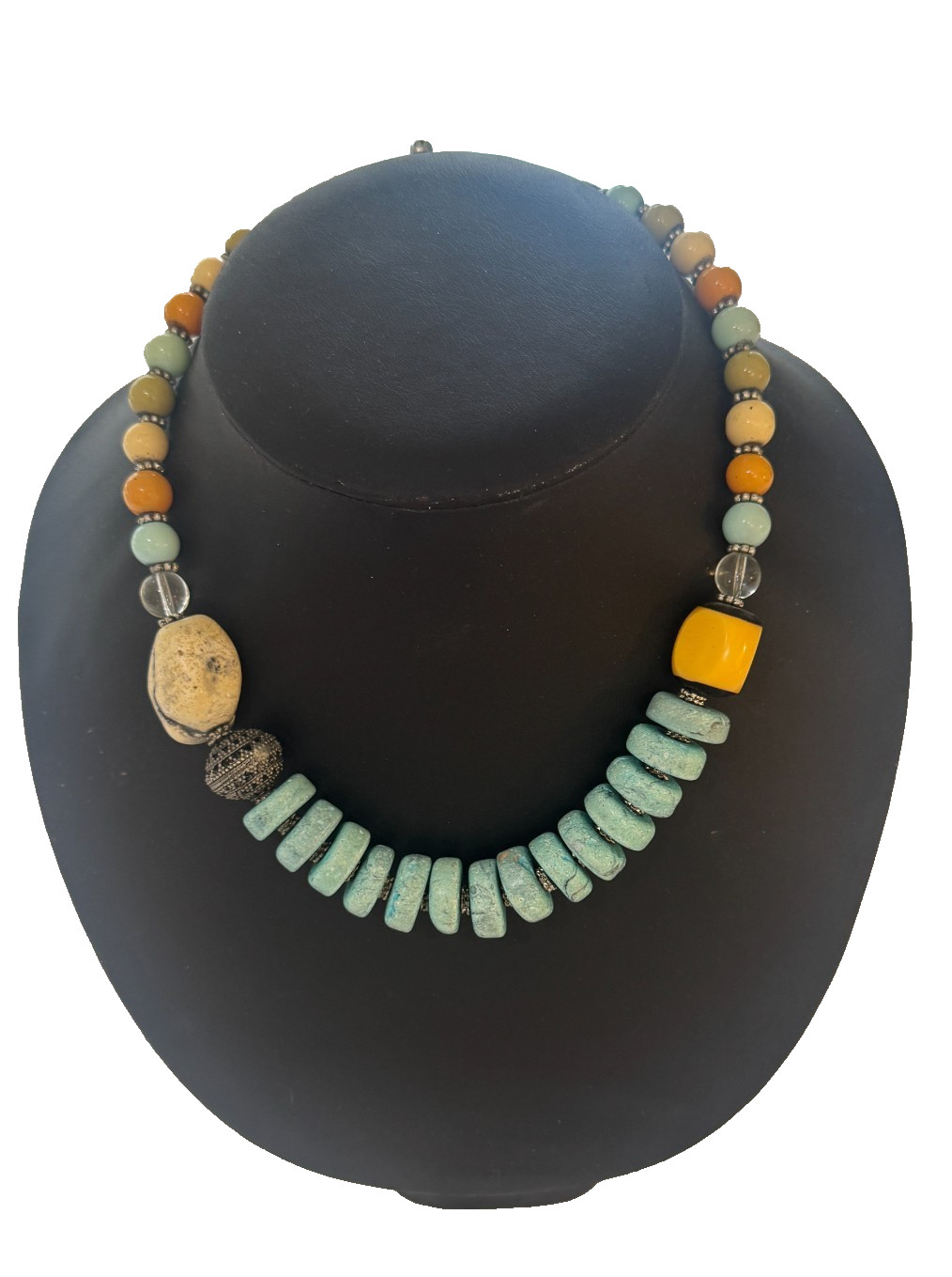 Chunky Turquoise Color Bead Statement Necklace Artisan Boho Toggle 100g 19″