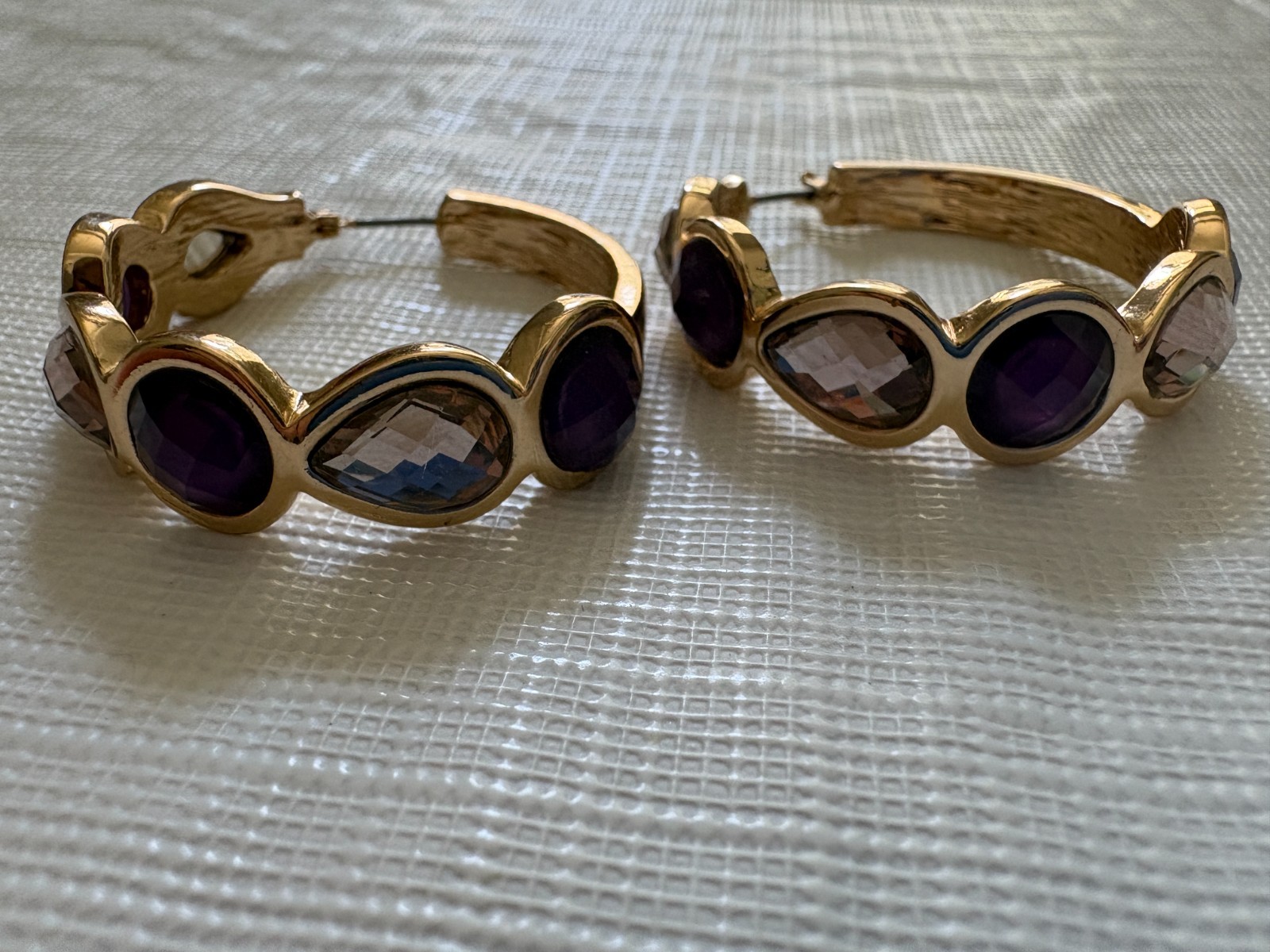 Gold Tone Pierced Hoop Earrings with Purple and Clear Stones 4″