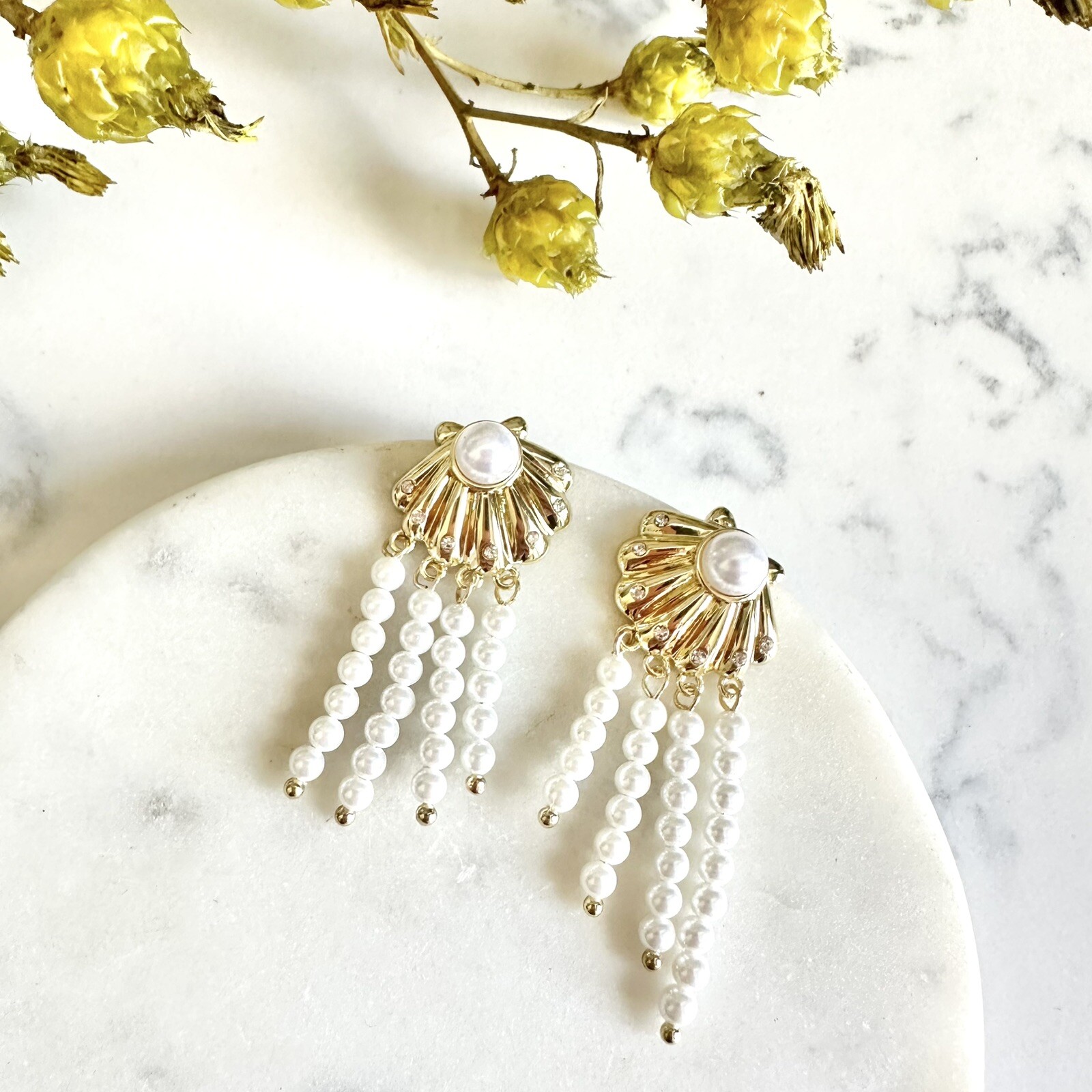 Gold Seashell Faux Pearl Tassels Earrings Shell Rhinestone Beachy Jewelry NEW