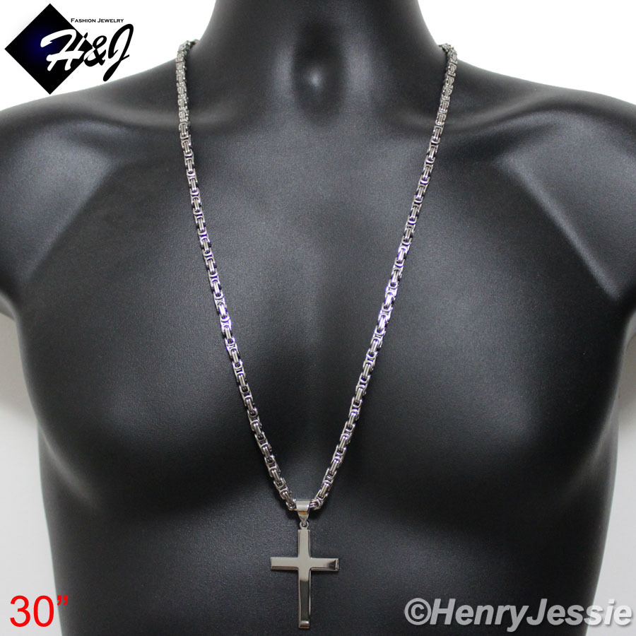 18-40″MEN Stainless Steel 6mm Silver Byzantine Box Chain Plain Cross Pendant*P64