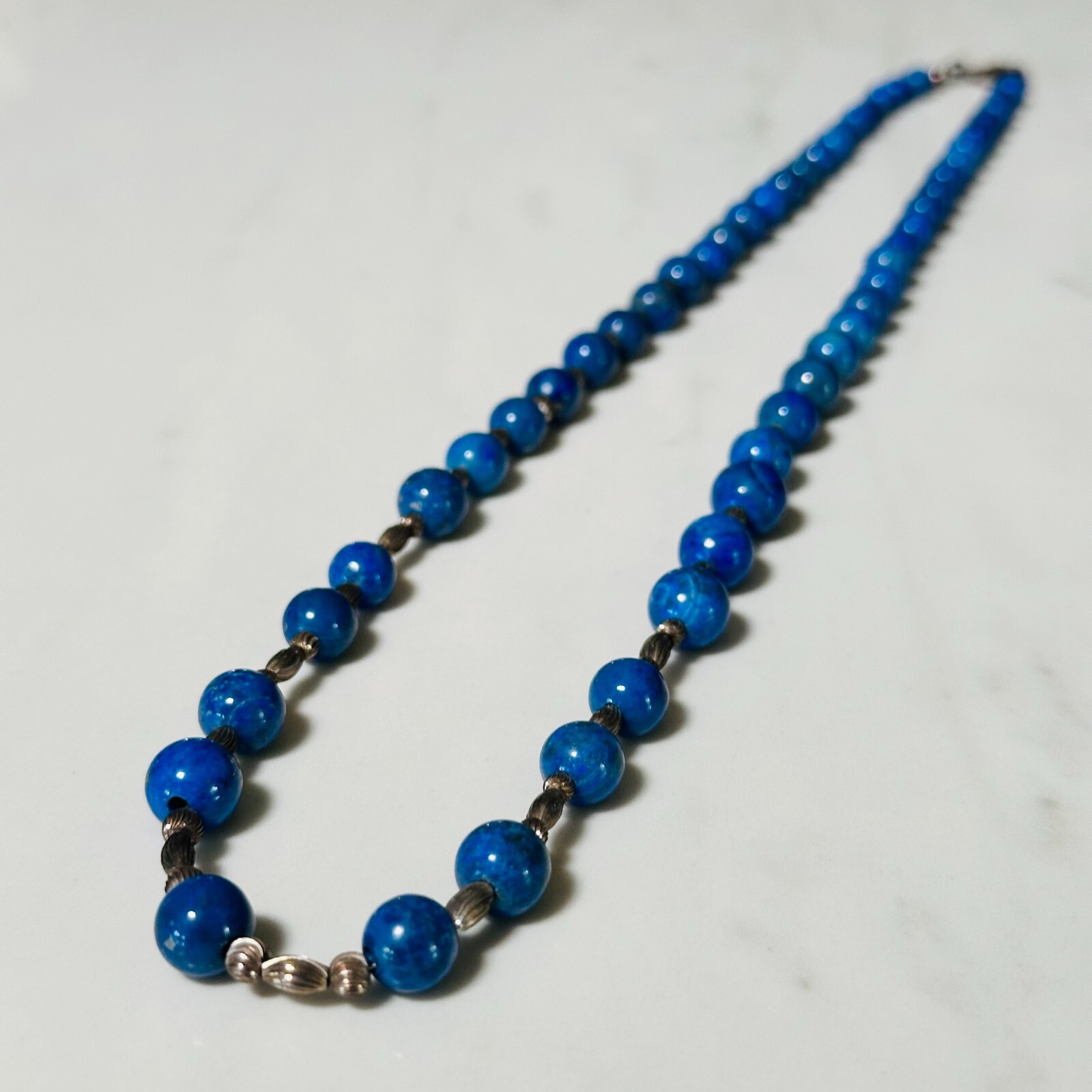 Beaded Necklace Blue Bead Single Strand Acrylic Long Estate Jewelry 12″ Closed
