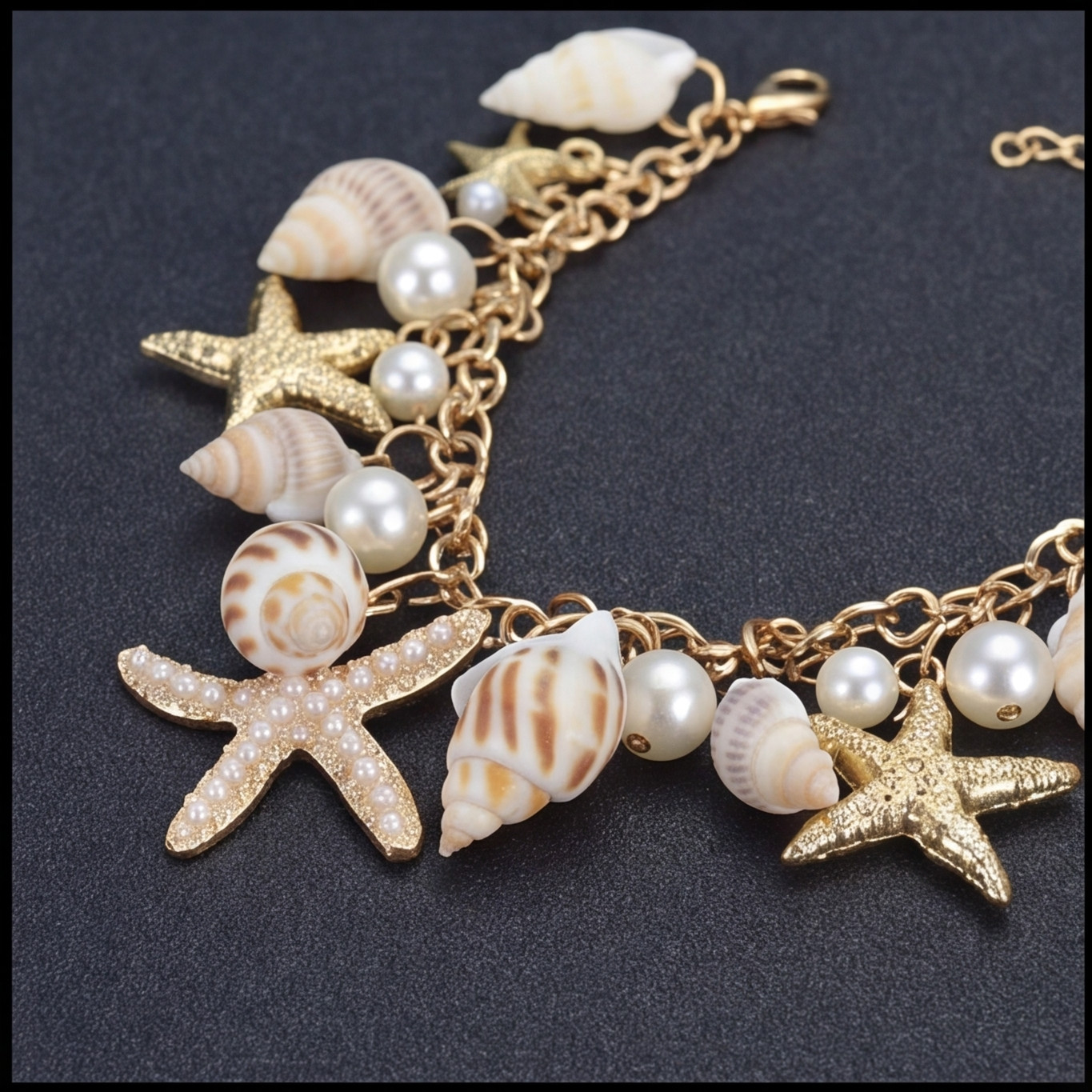 Seashell Starfish Charm Bracelet Gold Tone Summer Beach Jewelry Unisex Gift