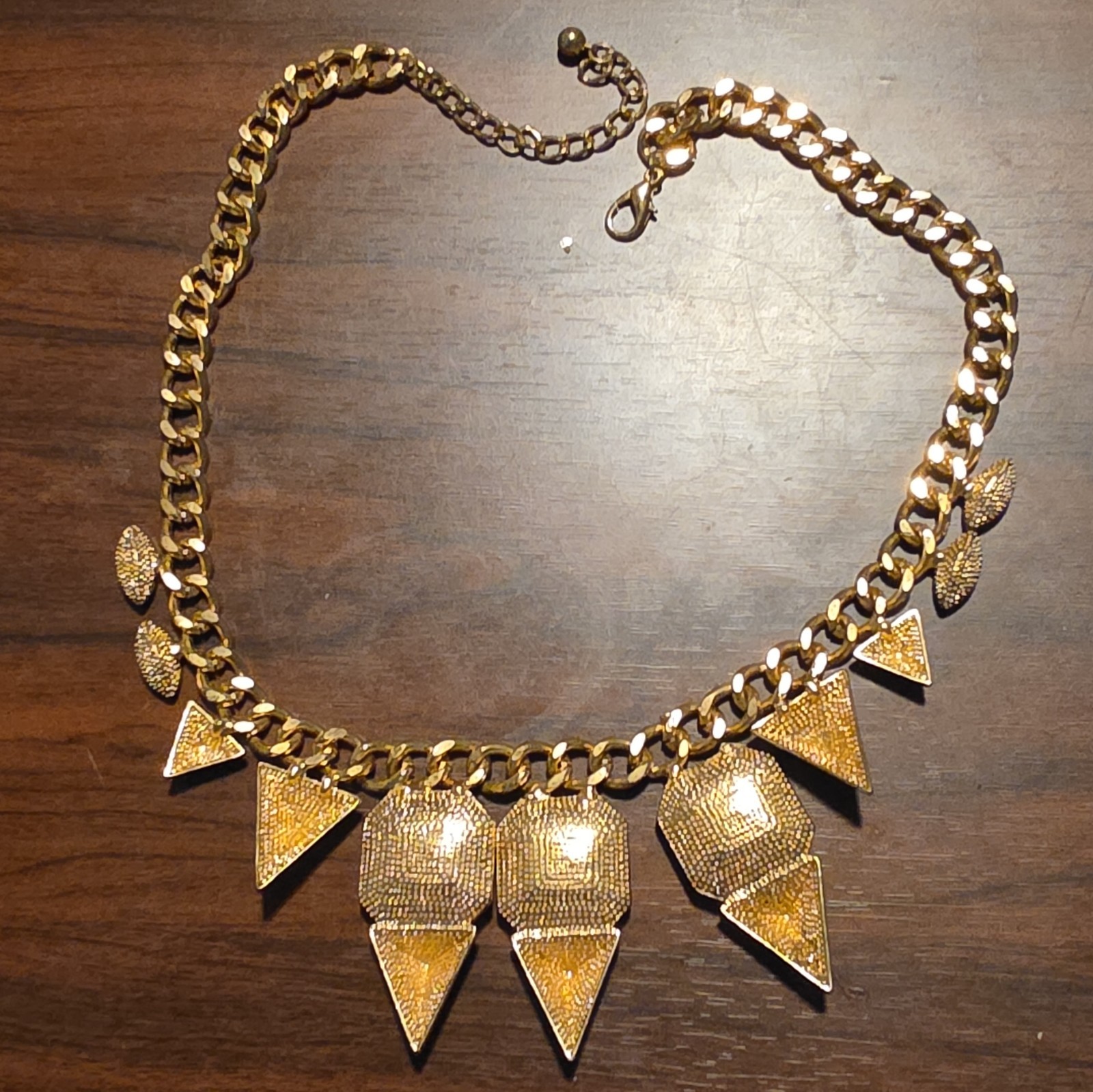 Gold Tone Curb Link Chain Necklace Blue Octagon Crystal Spike Dangles Adj 21in
