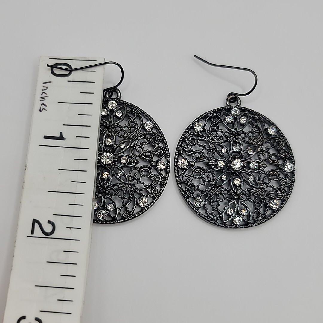 Round Filigree Open Work Gun Metal Grey Rhinestone Pierced Dangle Earrings