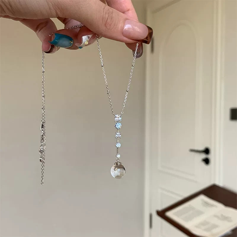 2026 New Icy Clear Synthetic White Crystal Pendant Necklace, Cool Tone Minimal L